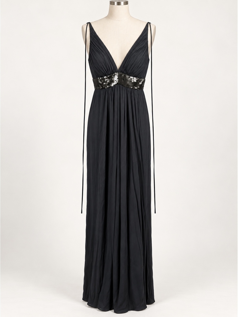 Robert Rodriguez Dark Gray Silk Sequin Empire Waist V-Neck Maxi Evening Gown 10
